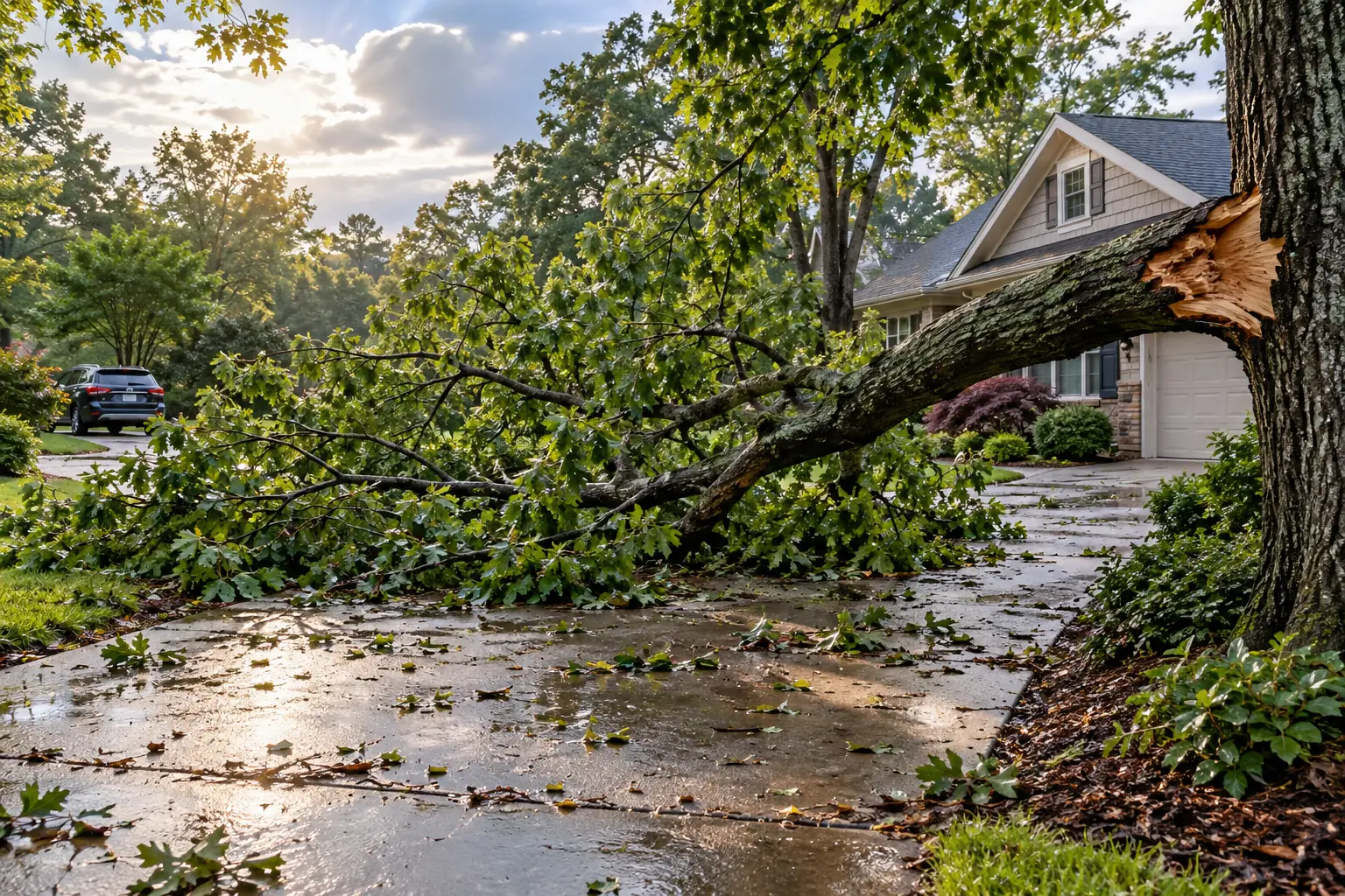 Storm-damaged tree limb blocking a residential driveway