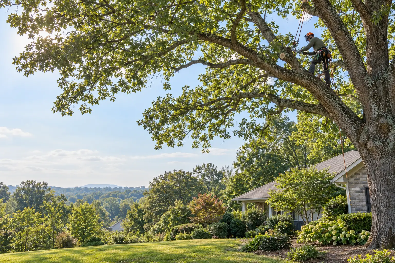 Arborist selectively pruning a mature oak beside a residential home