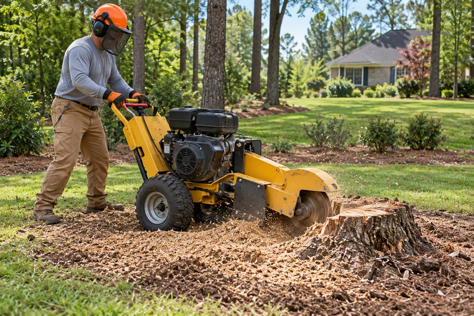 Operator grinding a tree stump in a residential yard