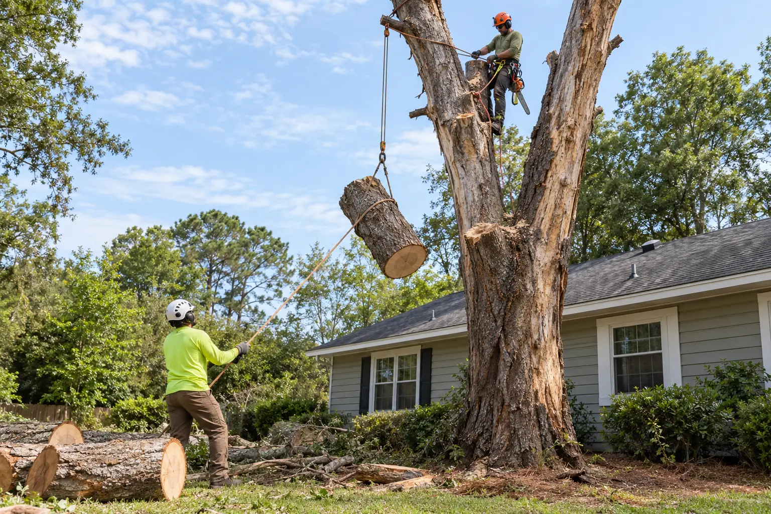A rigged tree section being lowered during residential tree removal